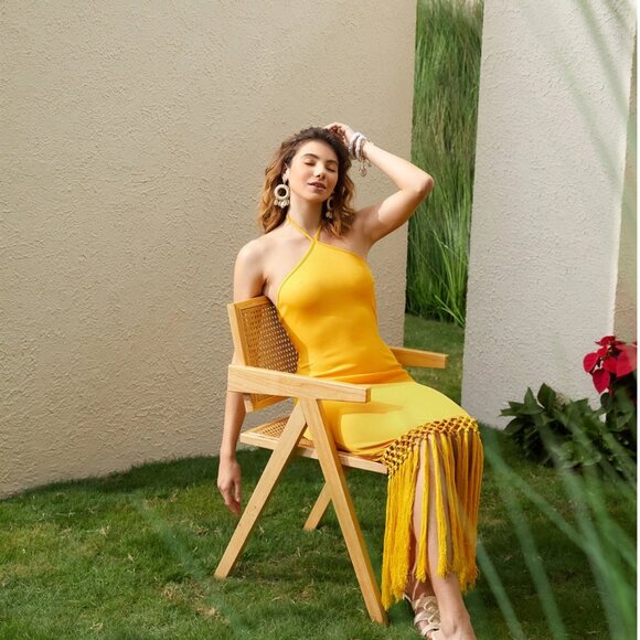 Yellow Halter Midi Dress with Fringe Hem | Size M - Picture 9 of 13